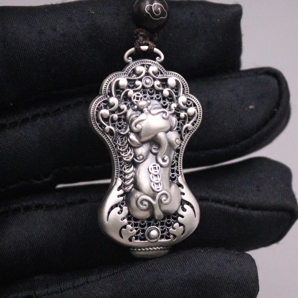 Real Pure 999 Fine Silver Men Women Lucky Hollow Coin Pixiu Cabbage Pendant 14.91g