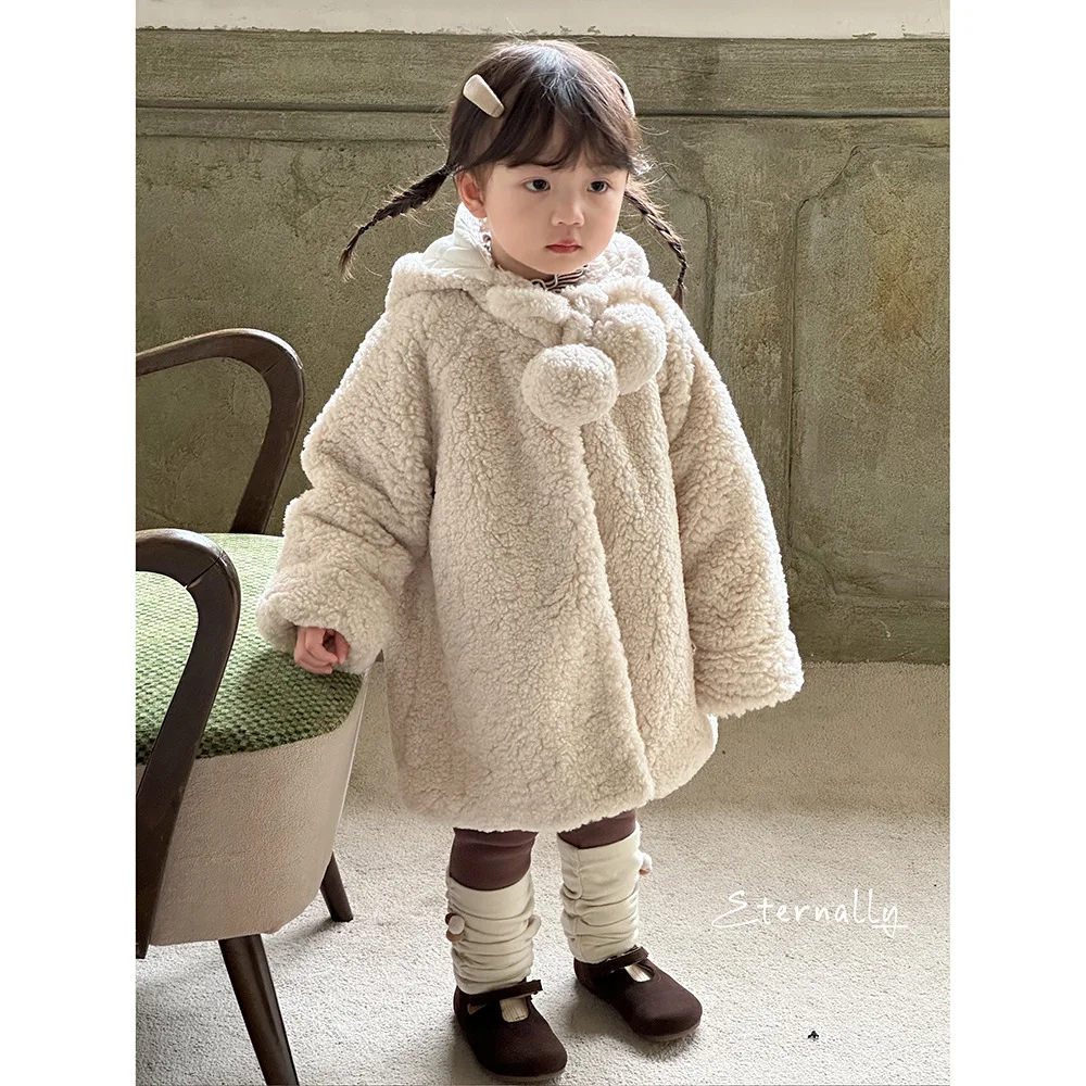 Girls Coat 2024 Winter New Childrens Wear Korean Style Baby Girl Removable Furry Ball Rabbit Ear Hat Plush Coat Casual Simple