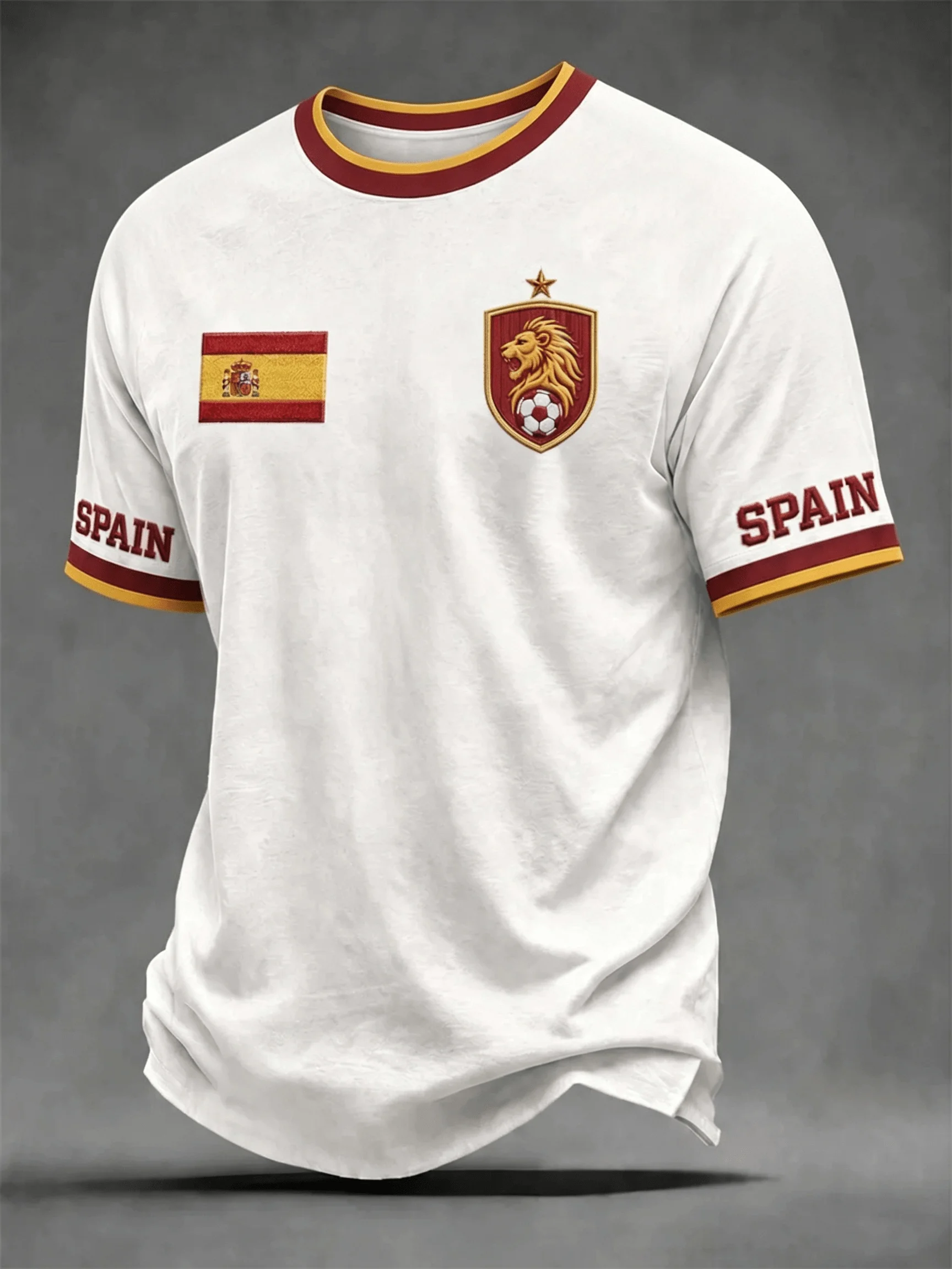 Men Spain Football Themed T‑Shirt Lion Shield Emblem Spanish Flag Print Color Trim Collar Short Sleeve Fan Casual Top