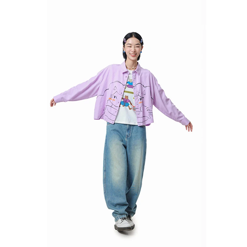 

Рубашка MOVEUP с длинными рукавами, повседневная, весна 2026, новая модель, с отложным воротником, с принтом мультяшных персонажей, свободного кроя, для женщин, 325120416