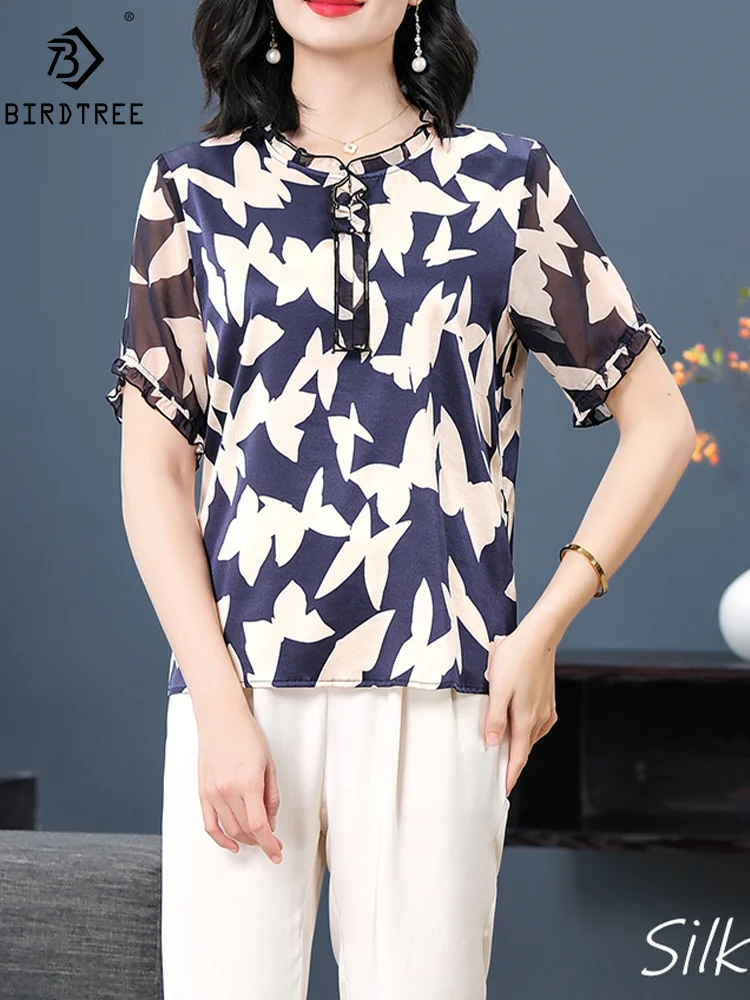 

BirdTree, 91.8% Natural Silk Elegant Shirt, Women Short Sleeve Butterfly, Oversize Retro OL Blouse, 2024 Summer New Top T44488QM