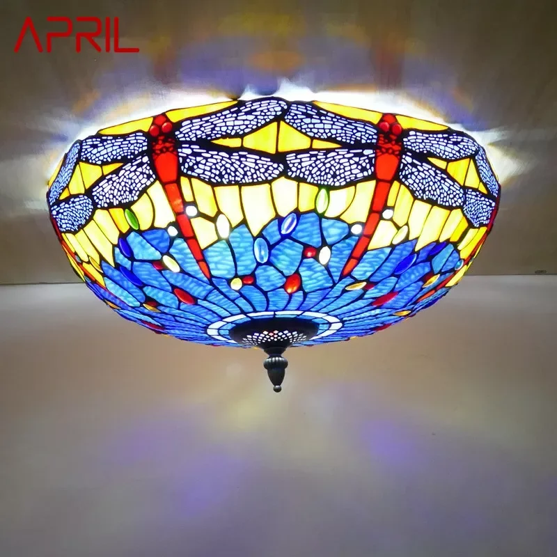 APRIL Tiffany Ceiling Light American Countryside Bedroom Study Modern Creative Bar Counter Corridor Colored Glass Ceiling Light