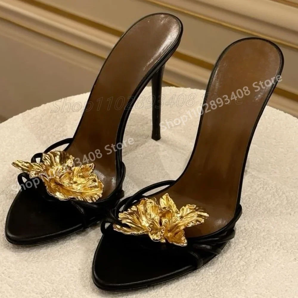 

Party Gold Flower Decor Hollow Slippers Cross Tied Stiletto High Heel Retro Style Women Shoes 2025 Summer Zapatos Para Mujere