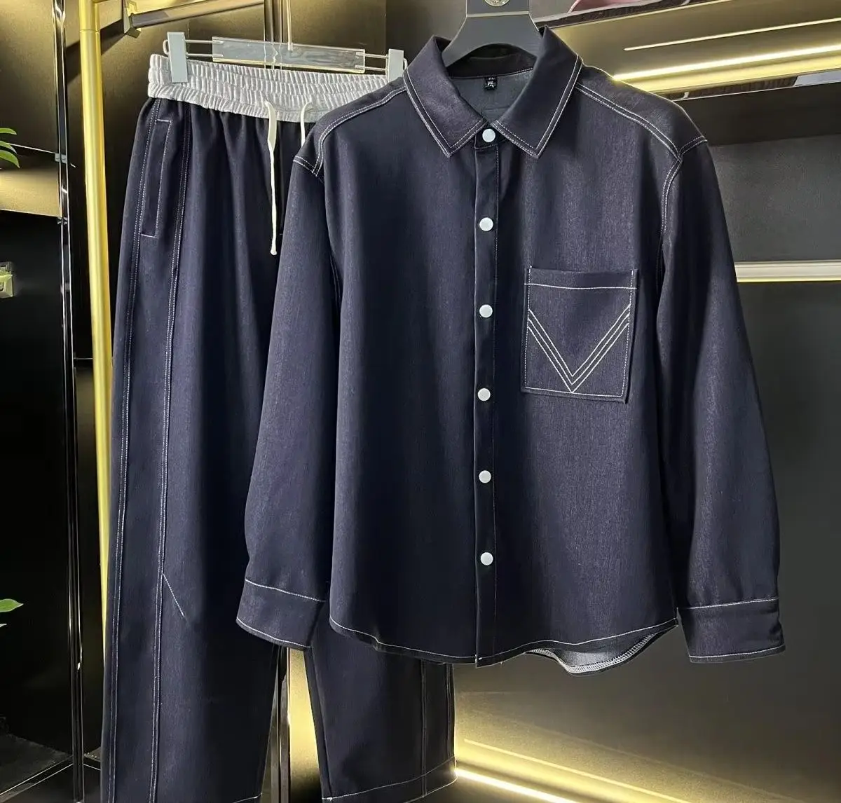 Mens Contrast Stitch Faux Denim Two Piece Set Long Sleeve Shirt Elastic Waist Loose Casual Pants Outfit