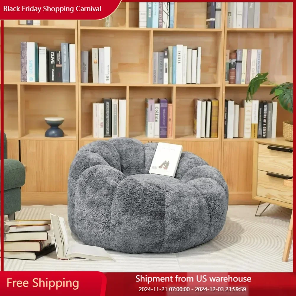 Bean Bag Sofa, Filled Bean Bag Chair, 36 Inch Low Backrest Support Petal Armrest Structure Design, Gray Bean Bag Sofa Chair