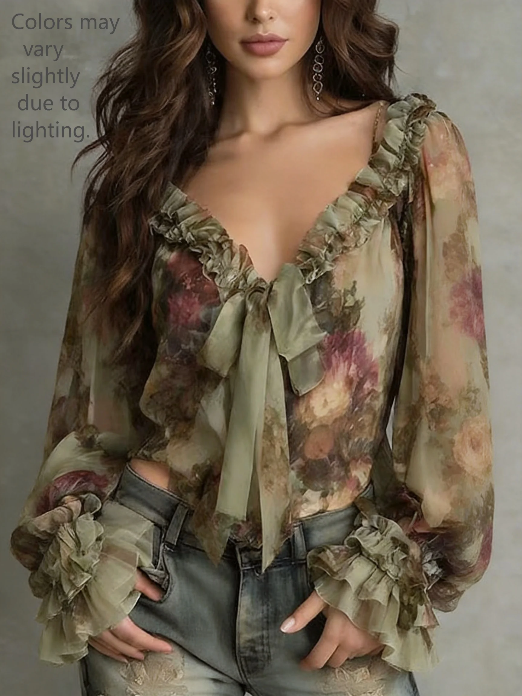 Damen Vintage Blumenmuster V-Ausschnitt Bluse mit Glockenärmeln Chiffon-Top Elegante Retro-Mode – Detail 8