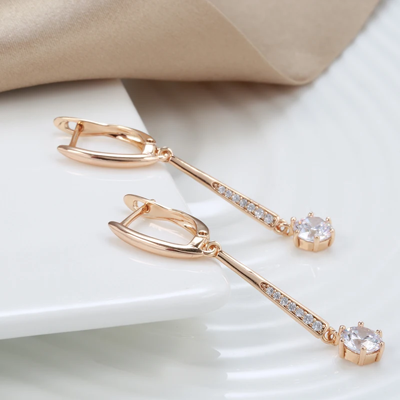 SYOUJYO New Luxury Long Pendant Earrings For Women 585 Gold Color Natural Zircon Micro Wax Mosaic Daily Simple Fashion Jewelry