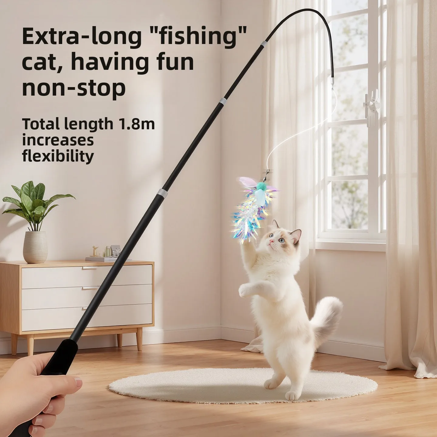 Vara de juguete para gatos de 1.8m, varilla larga, juguetes telescópicos, vara de pesca para gatos extra larga con plumas para autoentretenimiento, alambre de acero para masticar