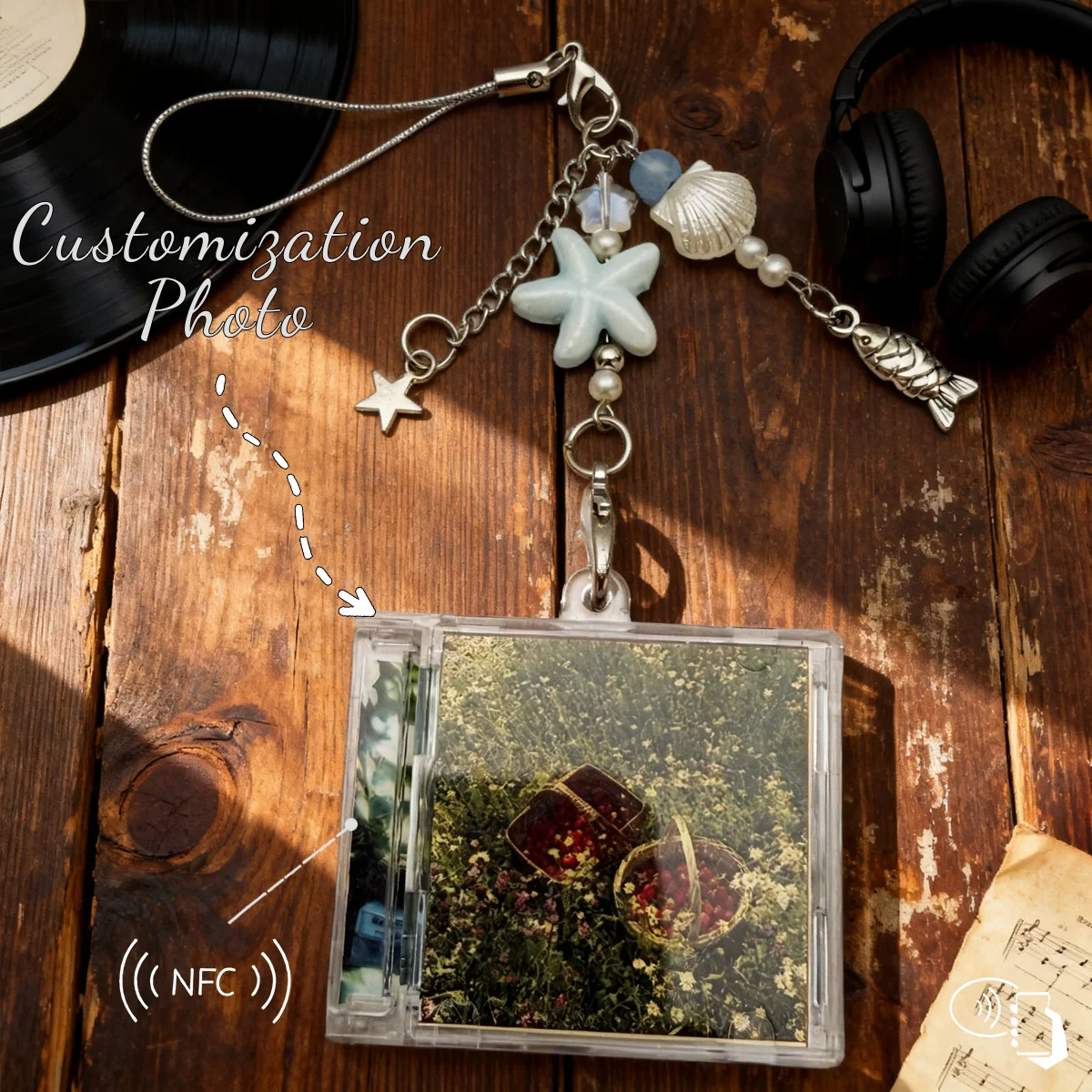 NFC Playable Mini CD Keychain, Custom Personalized Photo, Ocean‑Themed Shell Starfish Bag Charm, Beach‑Style Music Gift