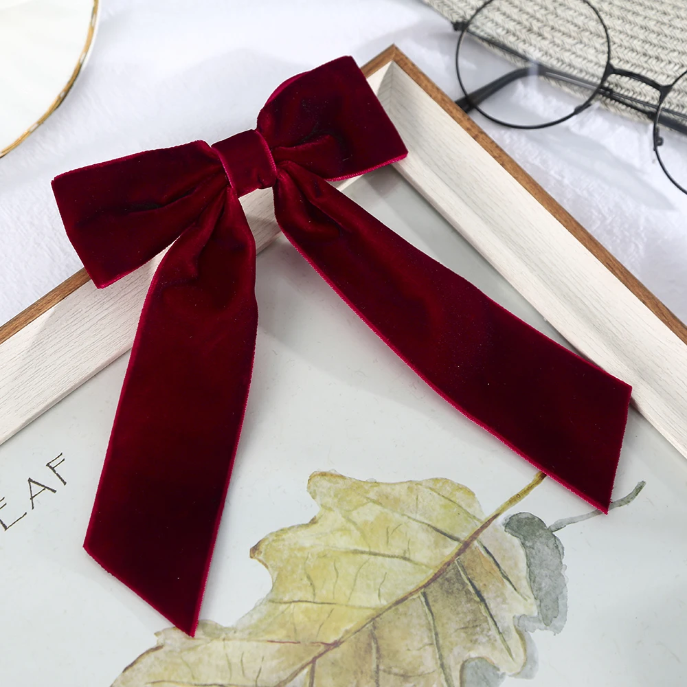 AWAYTR Korean Large Velvet Bow Hairpins Barrettes For Women Girls Wedding Long Ribbon Vintage Hair Clip Hairgrip Hair Accessorie