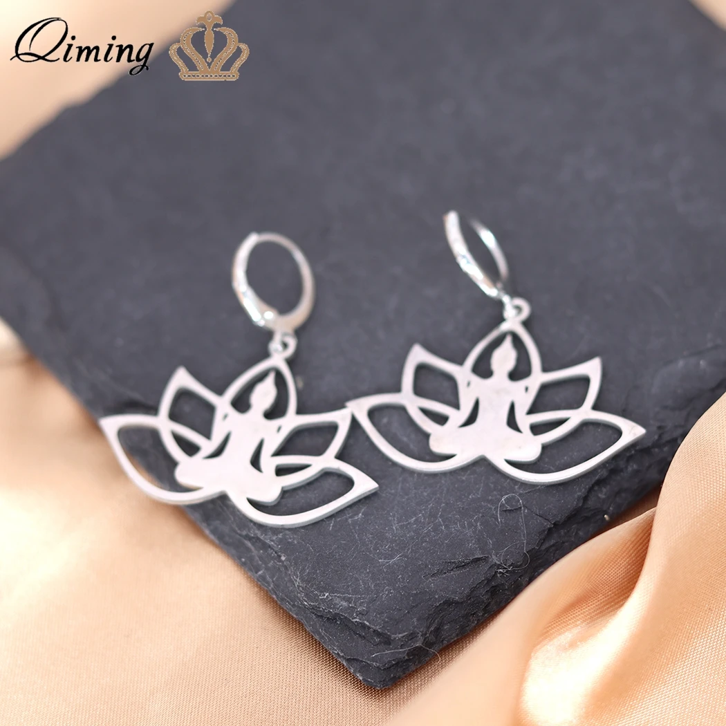 QIMING Sipuris Yoga Meditation Hoop Earrings For Women Stainless Steel Buddha With Lotus Flower Healing Amulet Spiritual Jewelry