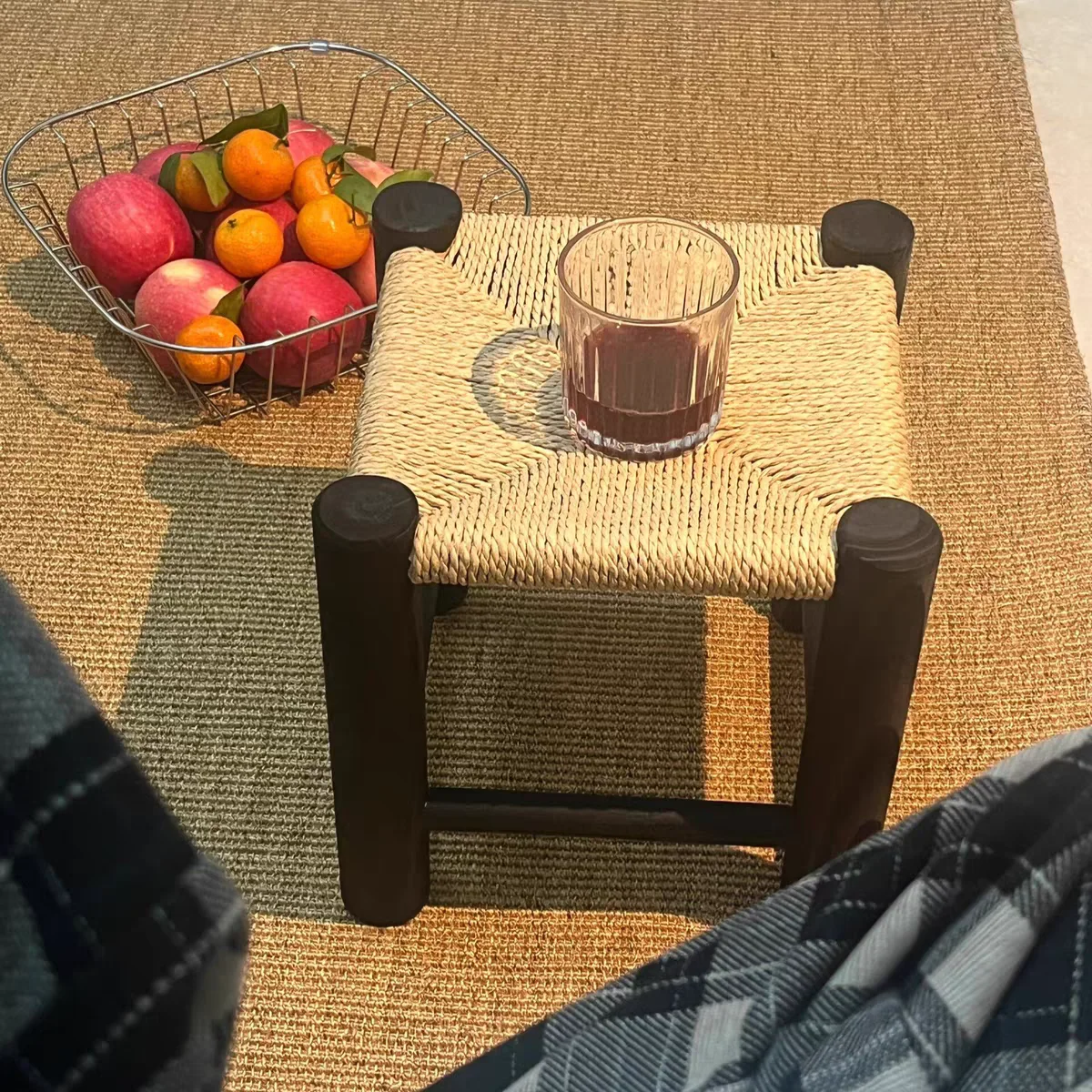 Solid Wood Rattan Low Stool Home Door Shoe Change Stool Living Room Retro Four-legged Small Bench Balcony Foot Step Rest