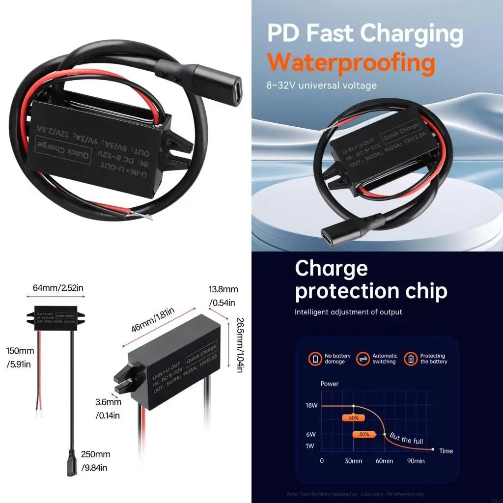 Y5JB 8V-32V to 5V/9V/12V PD 30W Power Supply Power Module USB C Output Power Adapter Converter for Car Automobiles