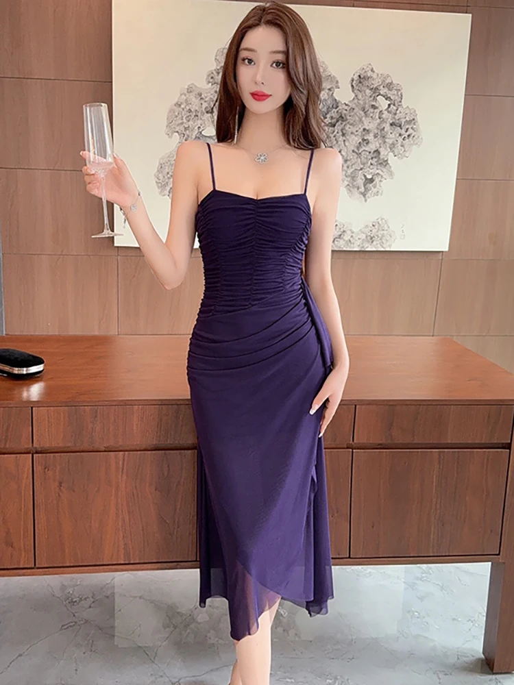 2025 Red Mesh Pleated Bodycon Sling Sexy Long Dress Summer Elegant Casual Ruffled Prom Dresss Women Korean Vintage Evening Dress