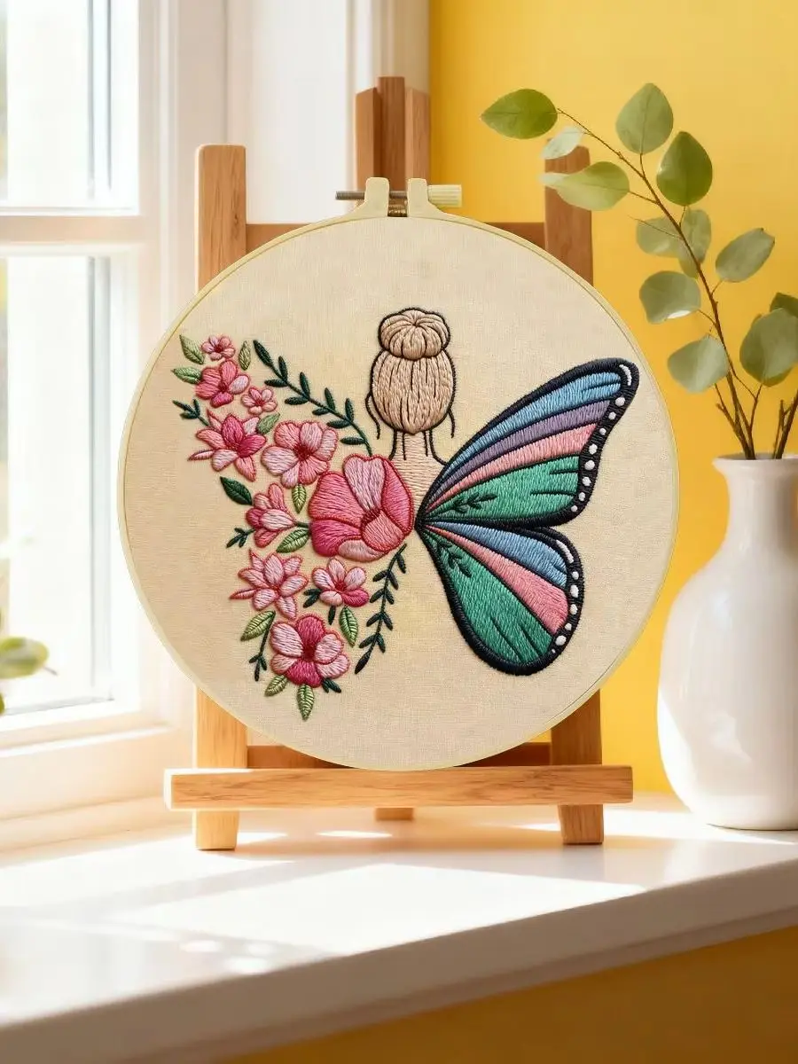 1 Stück 20X20CM/15X15CM 7,87/6,3 Zoll Schmetterlingsmädchen Stickerei Starter-Kit DIY-Kit DIY-Stickerei-Set Handarbeiten Heimdekoration – Detail 6