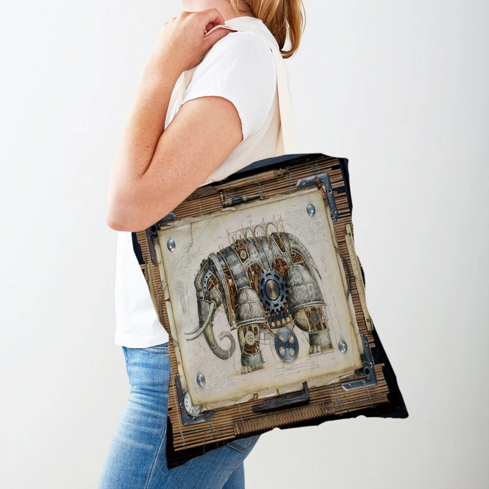 Bolso de compras de lona para mujer, bolsa de compras plegable reutilizable con estampado doble de Animal mecánico Steampunk