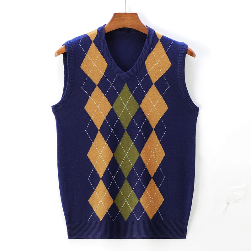 M-5XL Mens Cashmere Wool Waistcoat Classic Fashion Plaid Sweater Vest Male Casual V-Neck Sleeveless Jumpers Pullover Argyle Vest