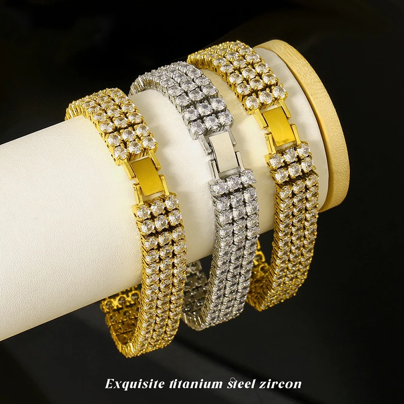 Hip Hop 3 Rows CZ Stone Bling Iced Out Stainless Steel Tennis Link Chain Bracelets for Men Rapper Jewelry Gold Silver Color
