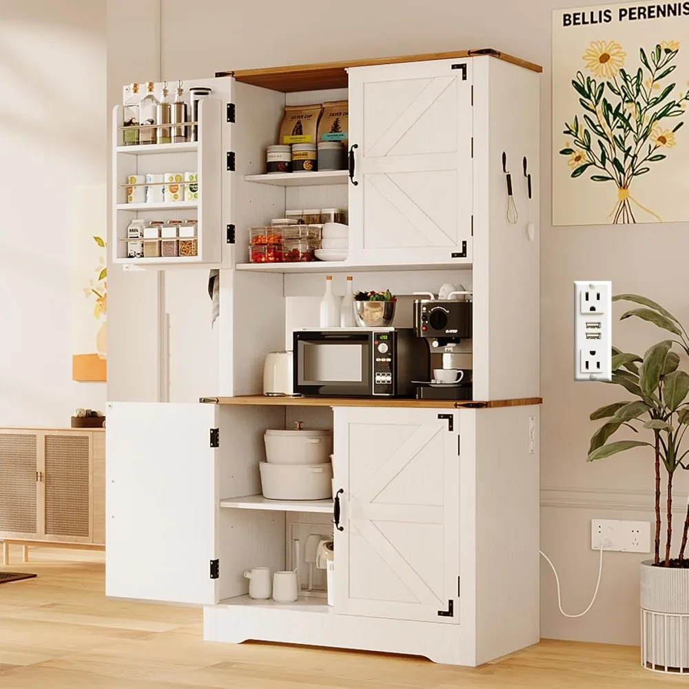 

Tall Pantry Storage Cabinet with Charging Station, Modern Kitchen Cabinets Hutch Cabinet with Microwave Stand and Adjustable