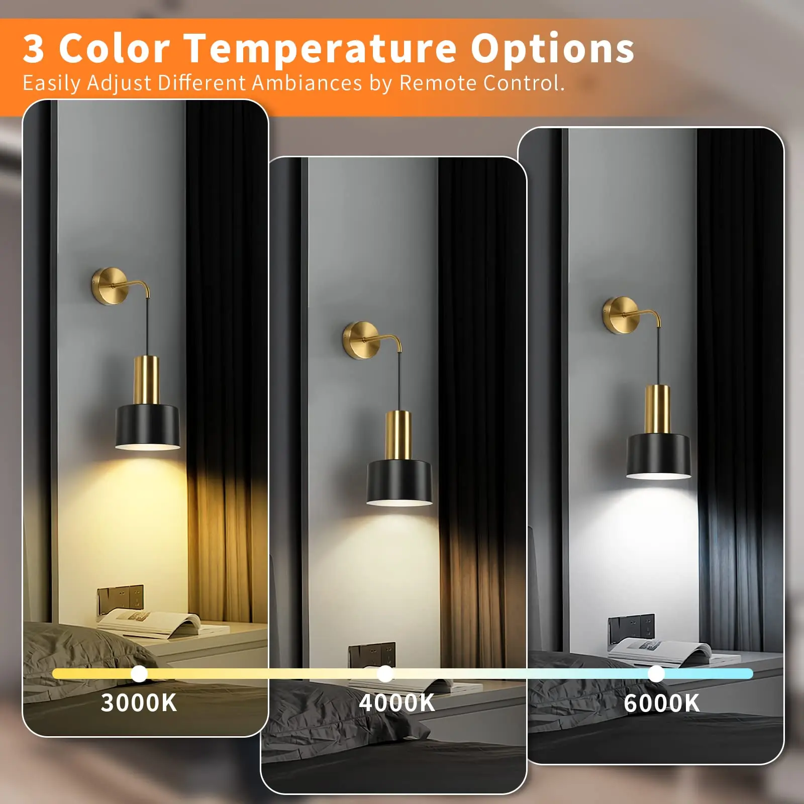 Set of 2 Battery Operated Wall Sconces, Wireless Wall Lights with Remote, Black & Gold Dimmable Wall Lamps for Bedroom Living