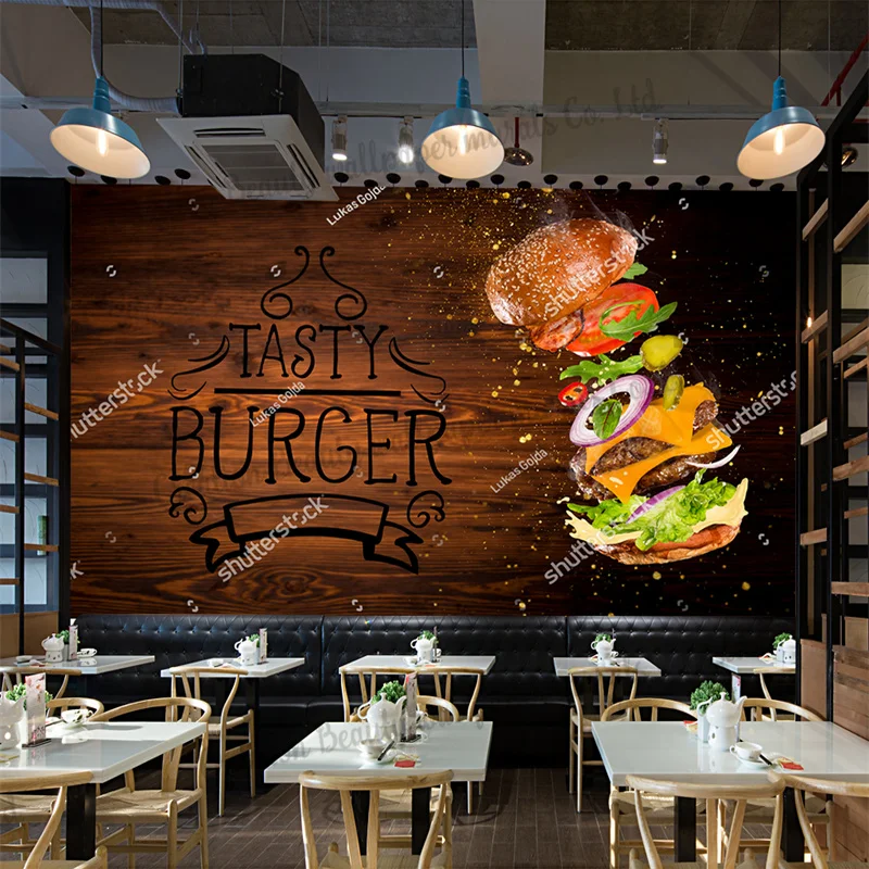 Wood Burger Wall Paper Industrial Decor Mural Papel De Parede Fast-food Restaurant Snack Bar Background Wallpaper Papel Tapiz