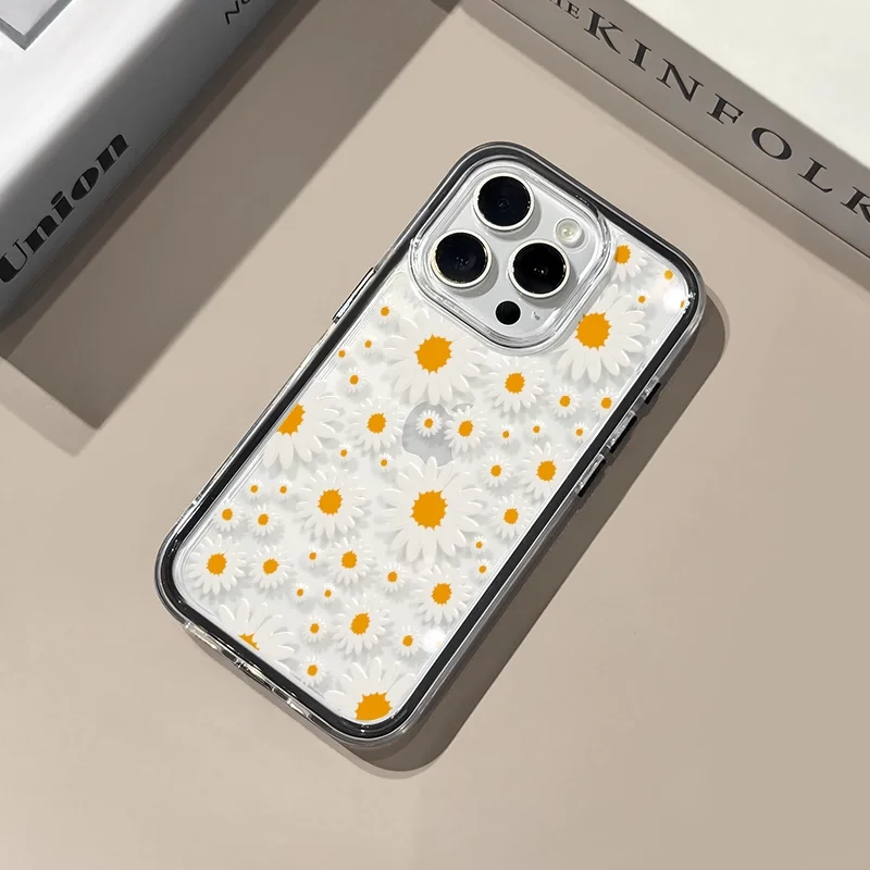 Creative White Daisy Flowers 2 in 1 Cute Phone Case For iPhone 16 15 14 13 12 11 Pro Max Plus Y2K Versatile Exquisite Cover ﻿
