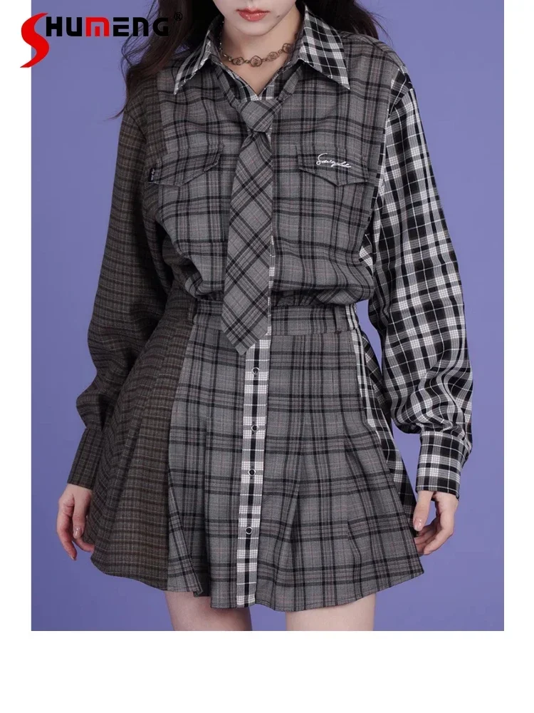 

American Retro Sweet Cool Preppy Style Plaid Splicing Polo Collar Long Sleeve Single-breasted Loose Casual Short Y2K Dress Women