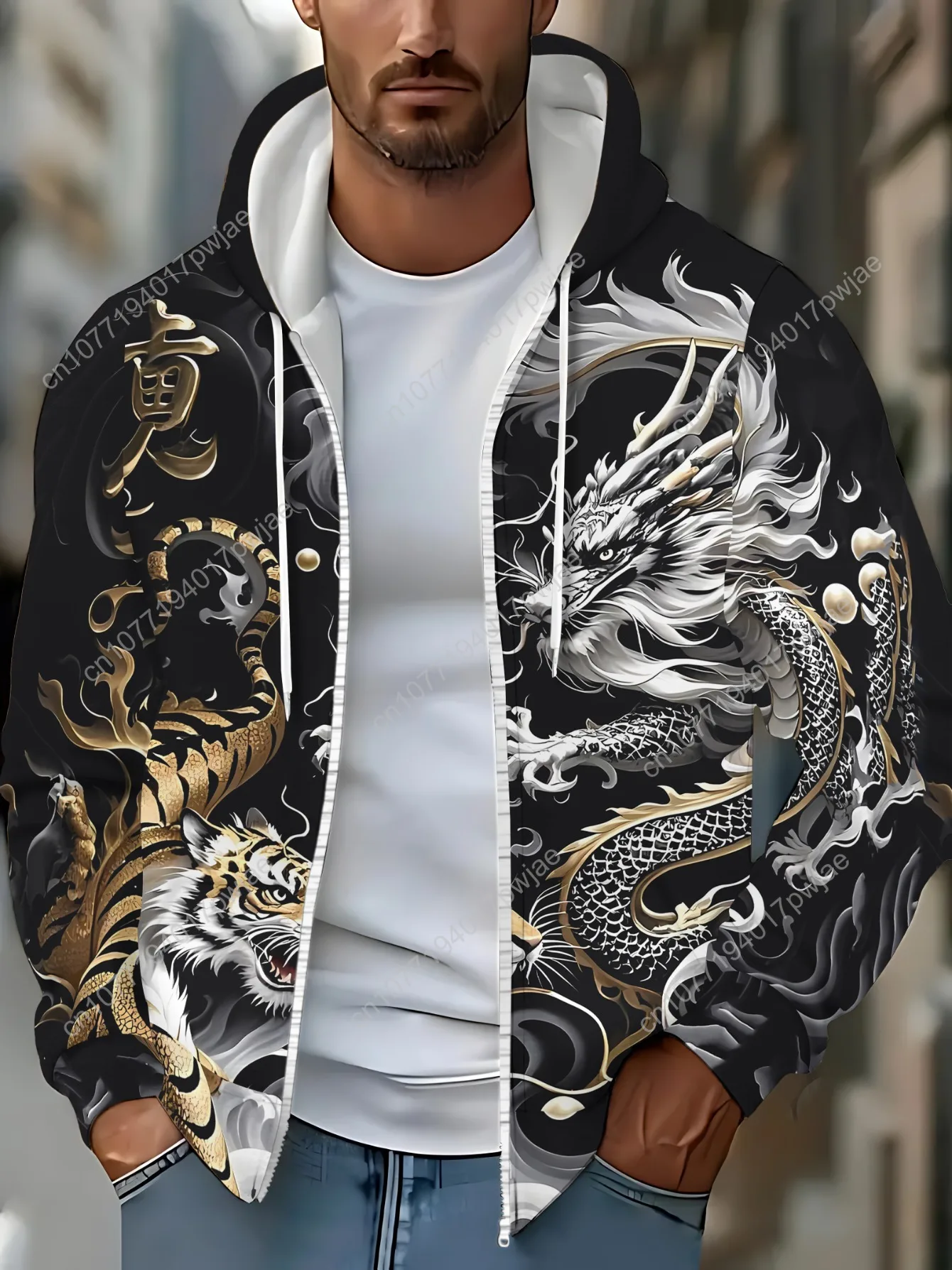 [Прочная толстовка на молнии] Легкая прочная мужская толстовка на молнии из полиэстера с принтом тигра дракона — черный и золотой сложный