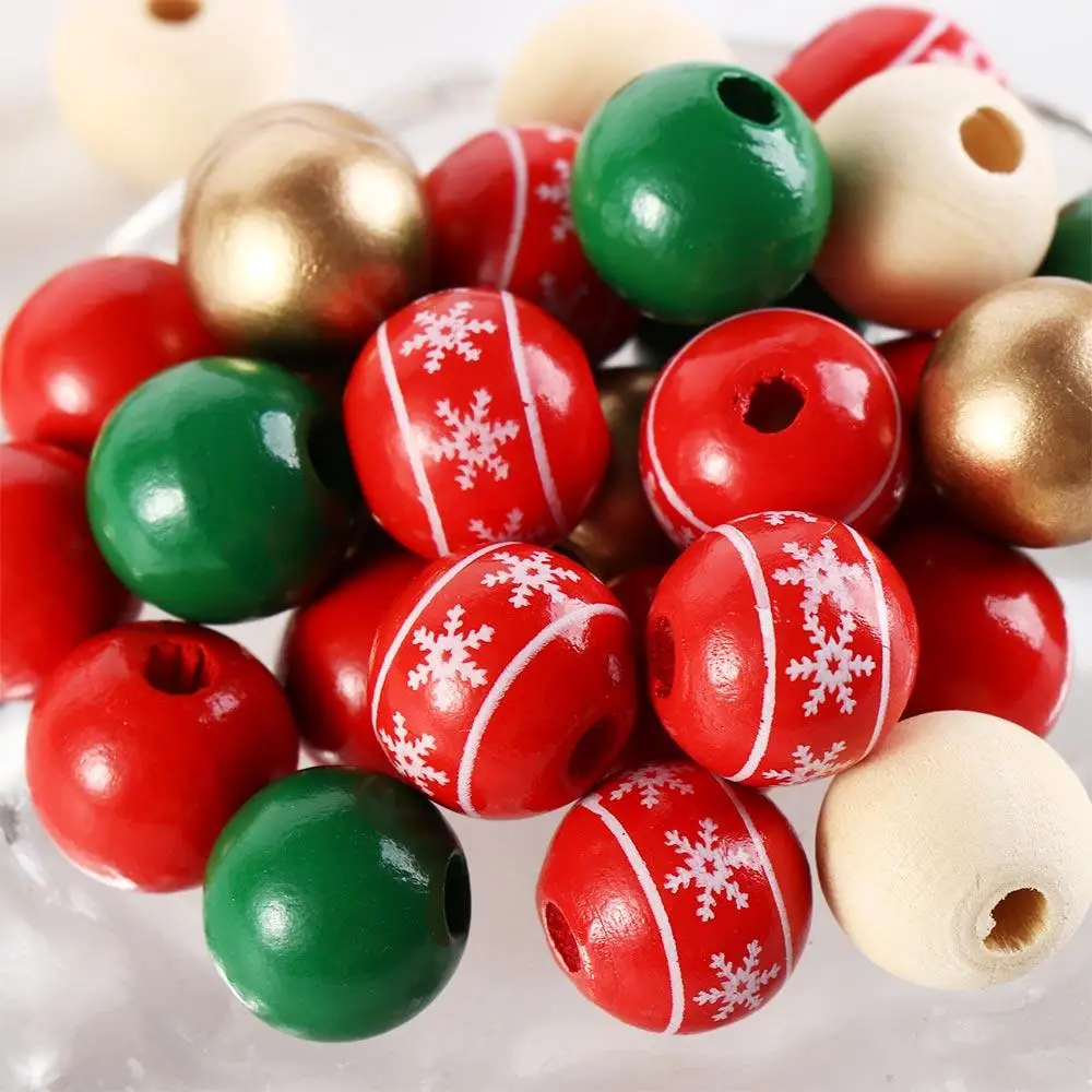 Cuentas redondas para árbol de Navidad, 50 piezas, cuentas de madera de Color, copo de nieve, 16mm