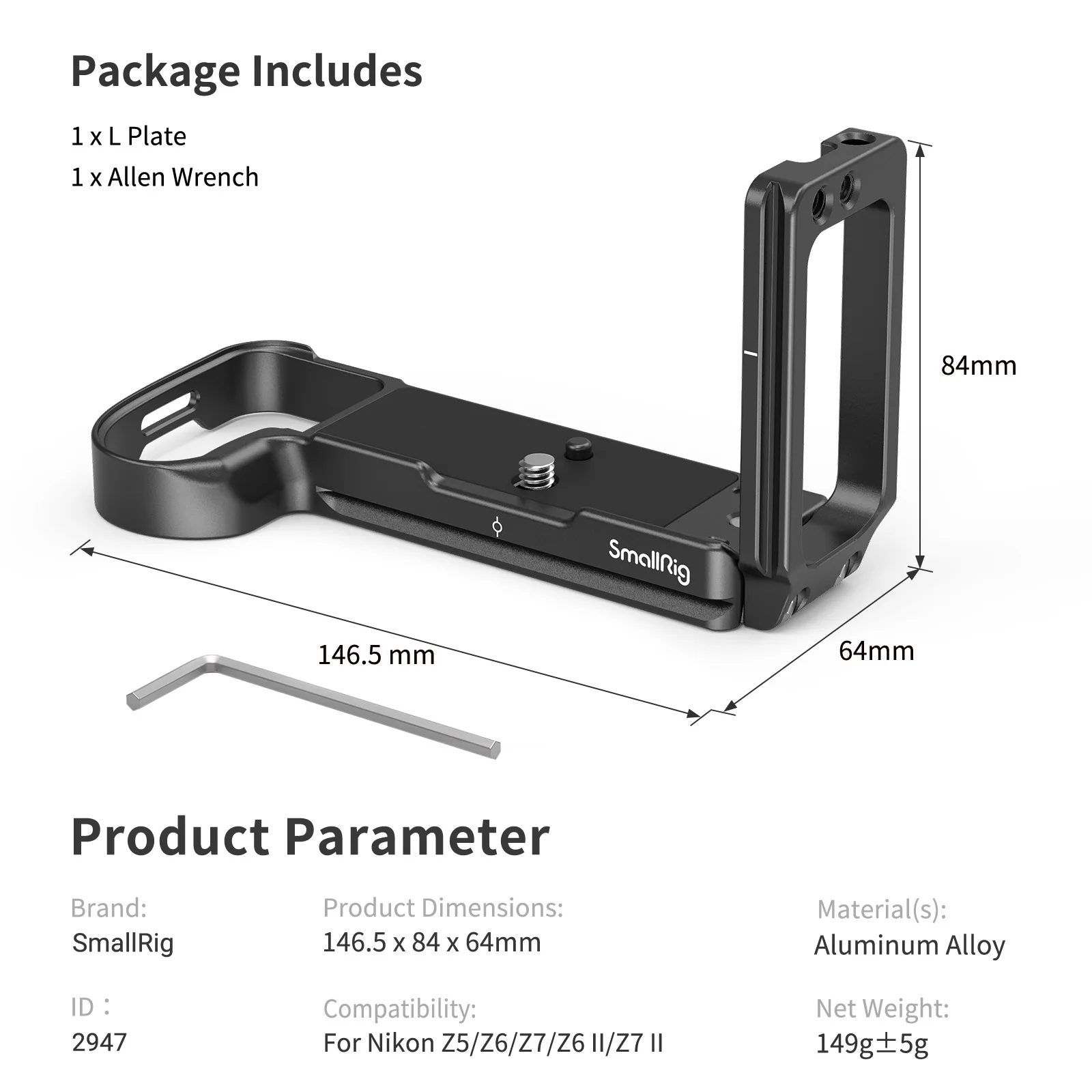 SmallRig กล้อง L-Bracket สำหรับ Nikon Z5/Z6/Z7กล้อง Arca แผ่นฐานแผ่นด้านข้าง Quick release แผ่นยึดขาตั้งกล้อง2947