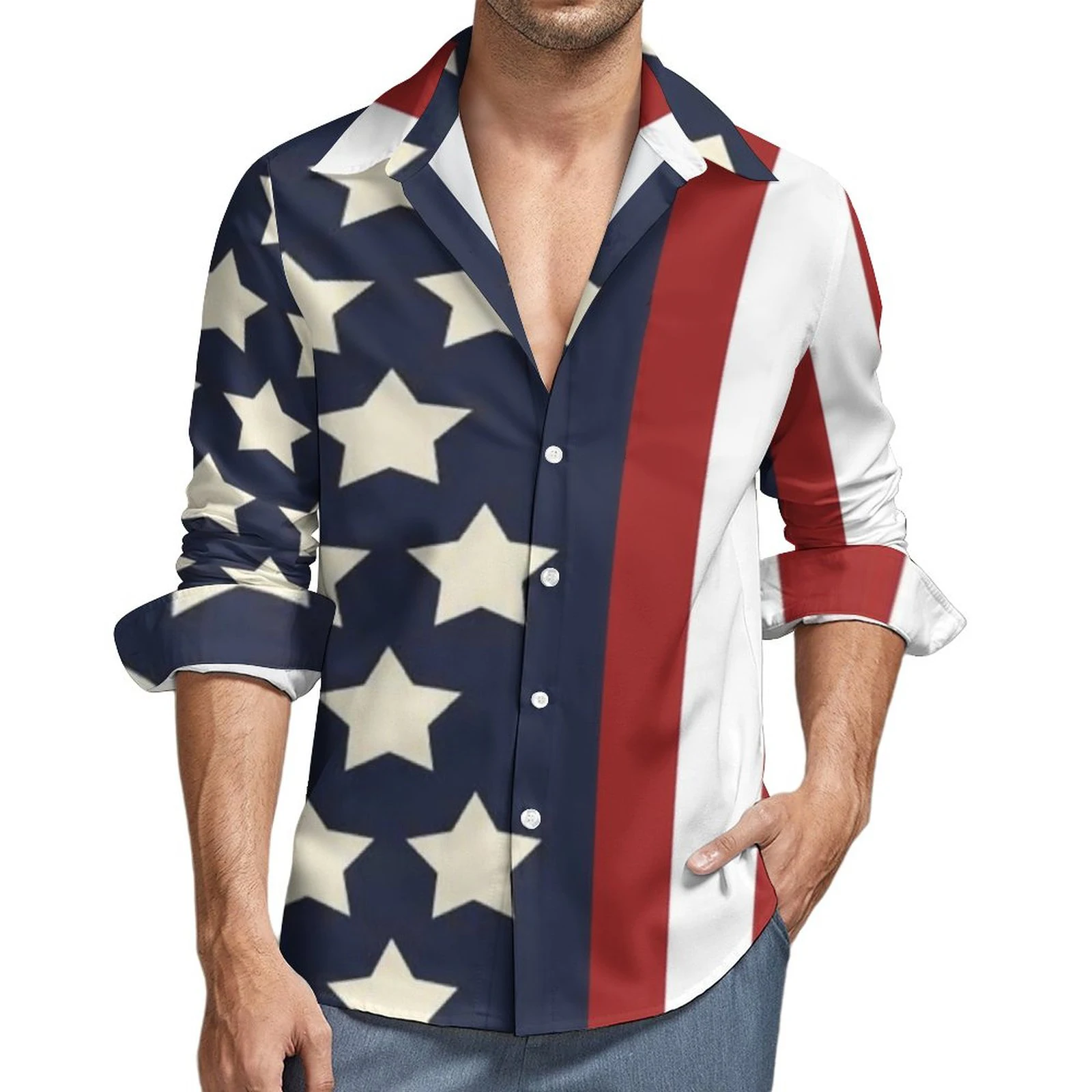 American Flag Printing Casual Shirts Men\'s Star Stripe Flag Shirt Autumn Fashion Shirt Long Sleeve Pattern Plus Size Men\'s Tops