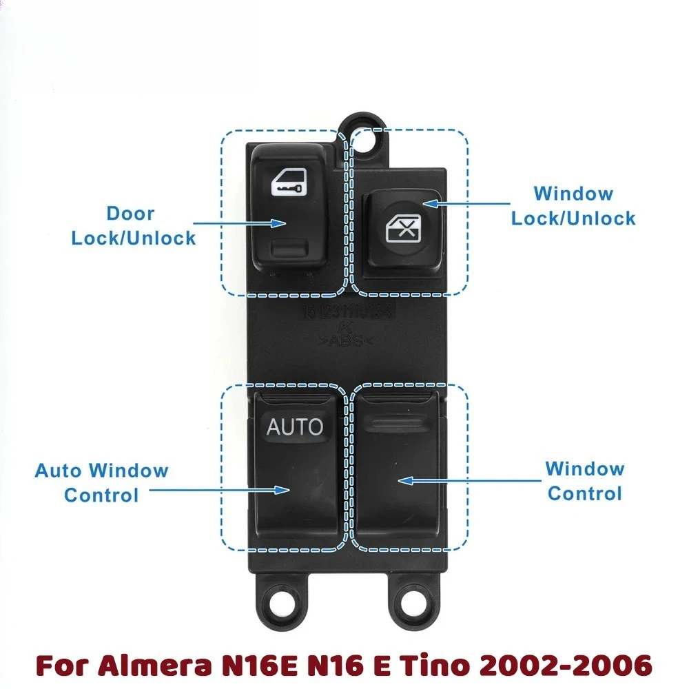 

Principal izquierdo para Nissan Almera 2002-2006 N16E R20 Tino Pulsar regulador de ventana interruptor de botón de vidrio 25401-
