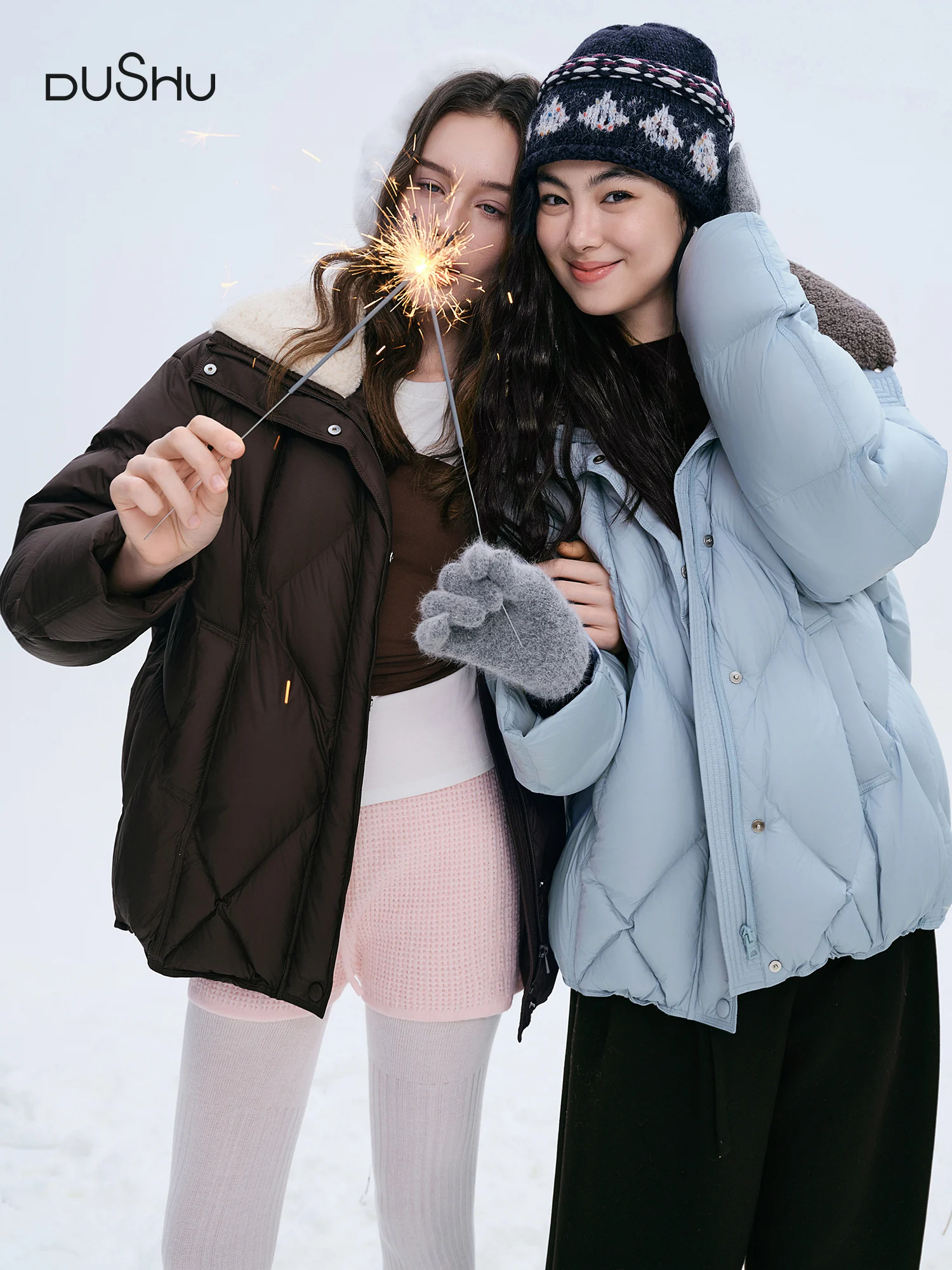 DUSHU Furry Lapel Quilted White Duck Down Coats Women Casual Daily Retro Simple Loose Short Warm Coat Contrast Color Girlish BF