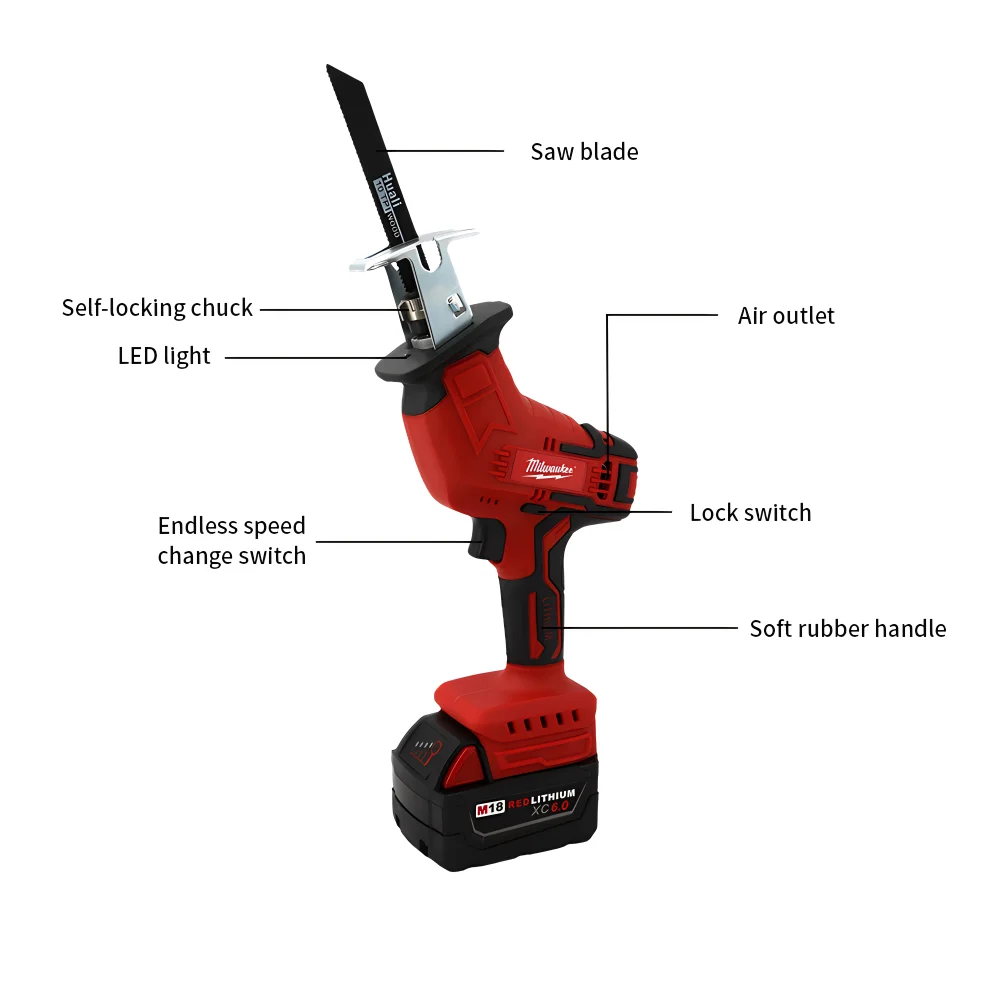 Milwaukee Sega elettrica Cordless Multifunzione Sega Metallo Taglio del legno m18 Batteria Sega a sciabola Sega a sciabola portatile 3000 giri/min Utensile elettrico