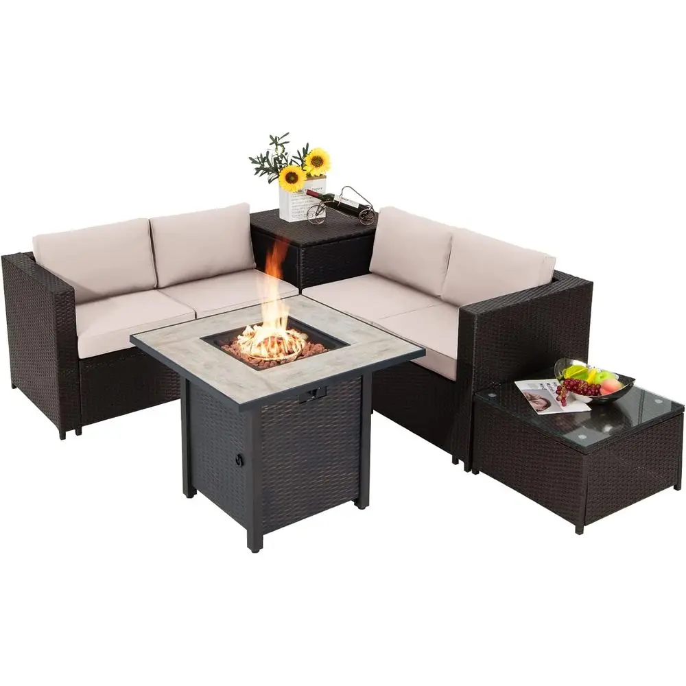 

5-Piece Outdoor Wicker Sectional Sofa Set with 30 Gas Fire Pit Table and Storage Box