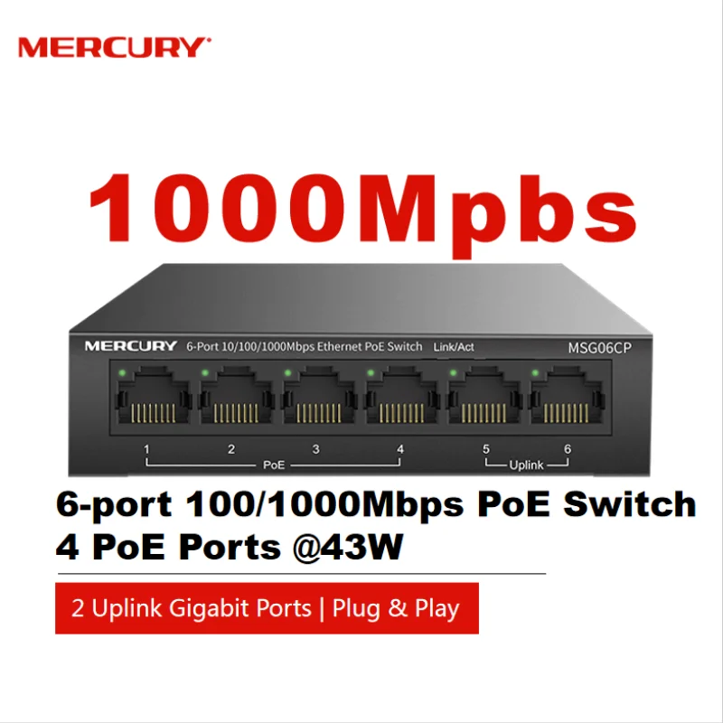 MERCURY 6 Port Gigabit 100/1000Mbps PoE Switch, 4 Ports PoE @ 43W IEEE802.3af, 2 Uplink Gigabit Ports, Plug & Play MSG06CP