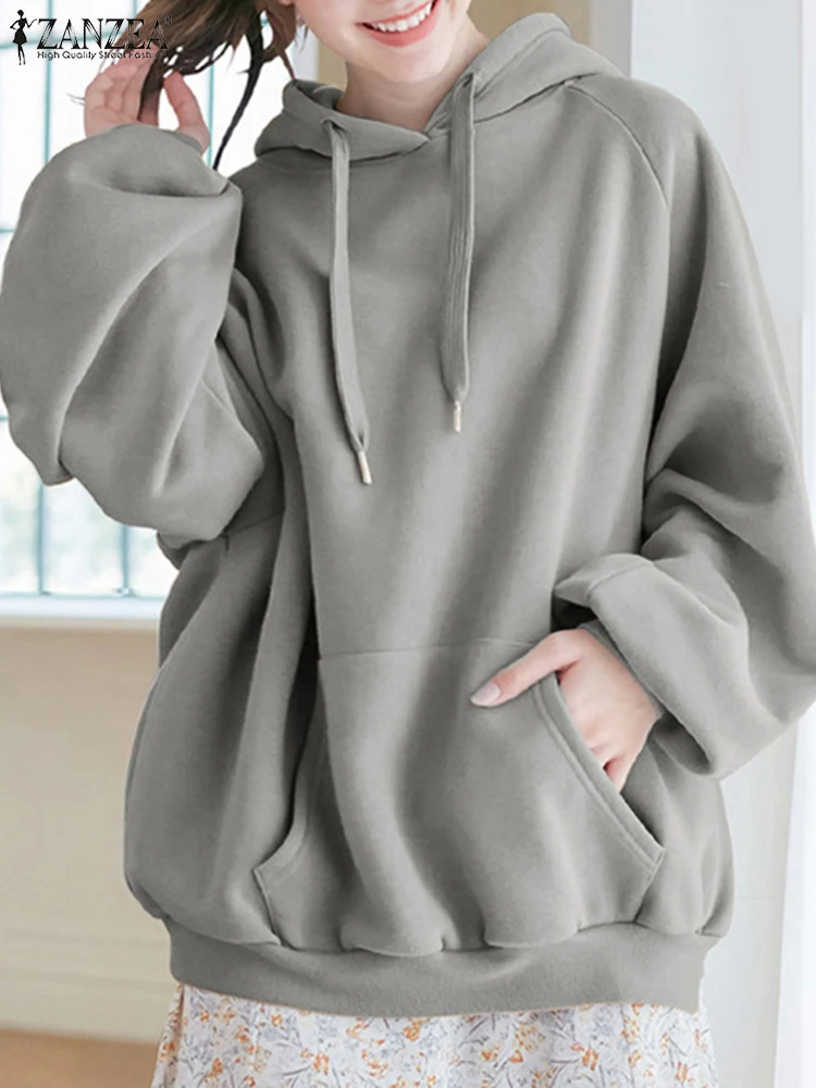 ZANZEA Long Sleeve Street Fashion Outerwear Women Winter 2024 Loose Casual Hooded Sweatshirts Korean Style Solid Color Hoodies