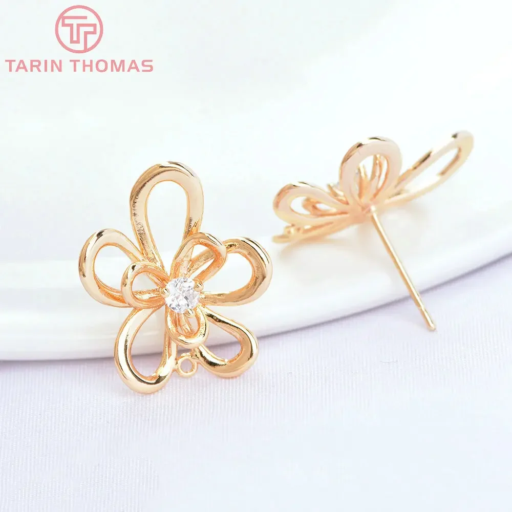 

(6685) 4PCS 16x18.5MM 24K Gold Color Brass with Zircon Flower Shaped Stud Earrings High Quality Diy Jewelry Findings Accessories