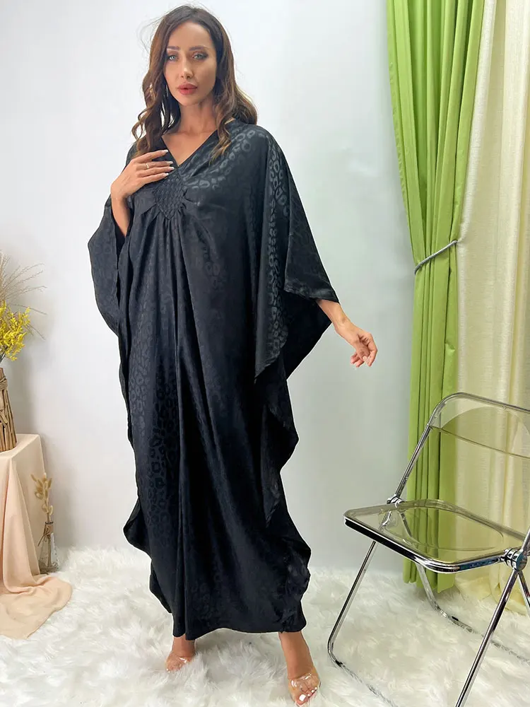 Free Size Abaya Kaftan Women Batwing Sleeve Loose Satin Abayas Muslim  African Long Dress Islam Dubai Gulf Caftan Black Jalabiya