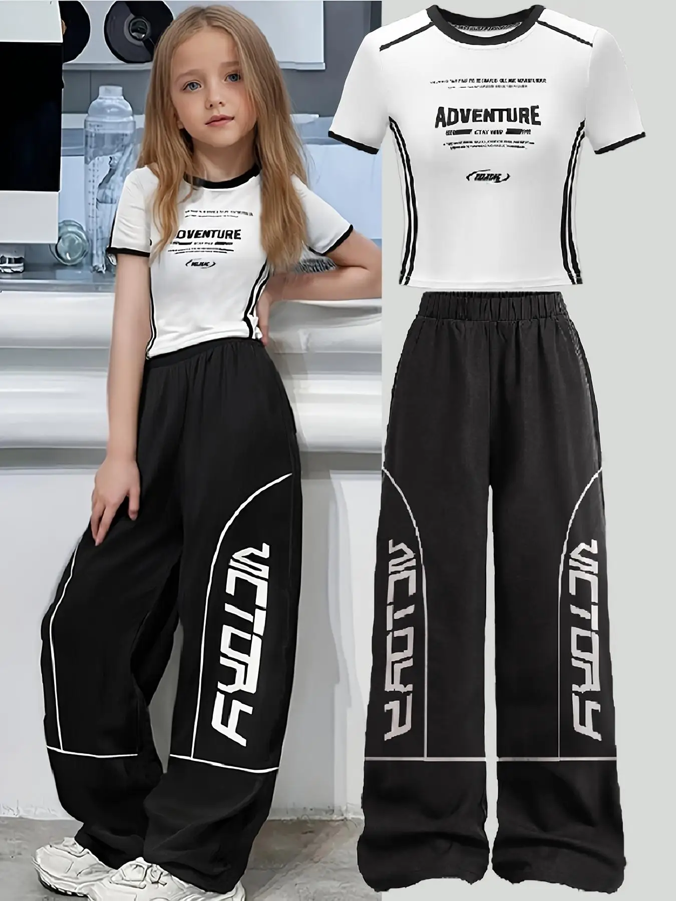 Children's Clothing Girls' Set Y2K Street Fashion Letter Print Set Girls' Knitted Digital Print T-Shirt + Sports Wide-Leg Pants Set Versatile Cool Two-Piece Set for Going Out