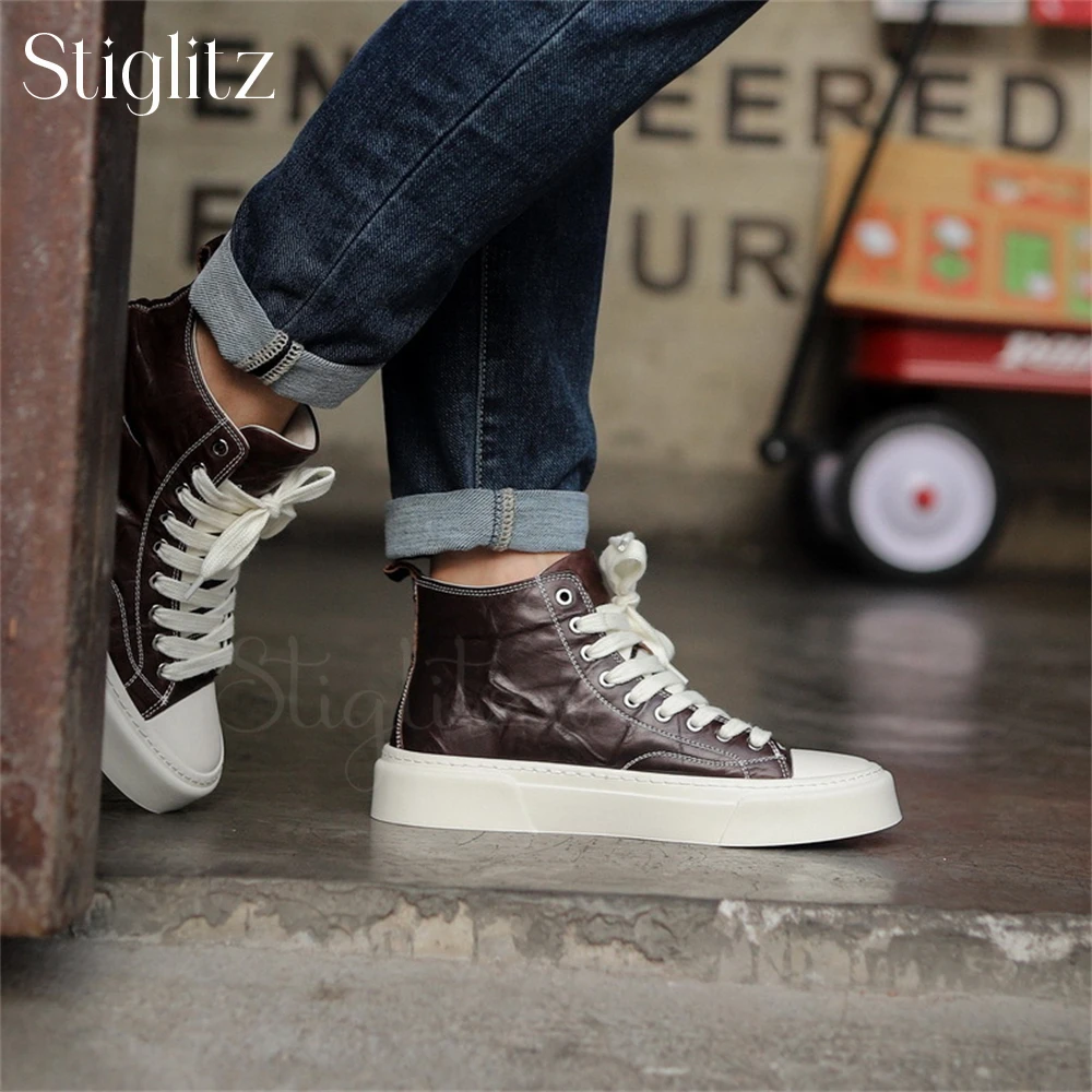 High-Top Genuine Leather Casual Shoes for Men Cowhide Lace-Up Business Casual Shoes Comfortable and Breathable Daily Footwear