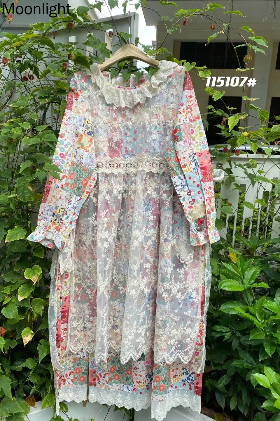 Mori Girl Ruffles Collar Kawaii Dresses Two-Pieice Lace Blouse Long Sleven Vintage Embroidery Floral Print Cotton Linen Dress