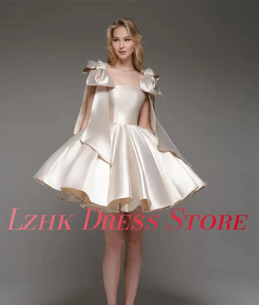 Abito da sera con fiocco 3D con spalline a trapezio in raso grazioso personalizzato Abiti per occasioni speciali senza maniche senza spalline