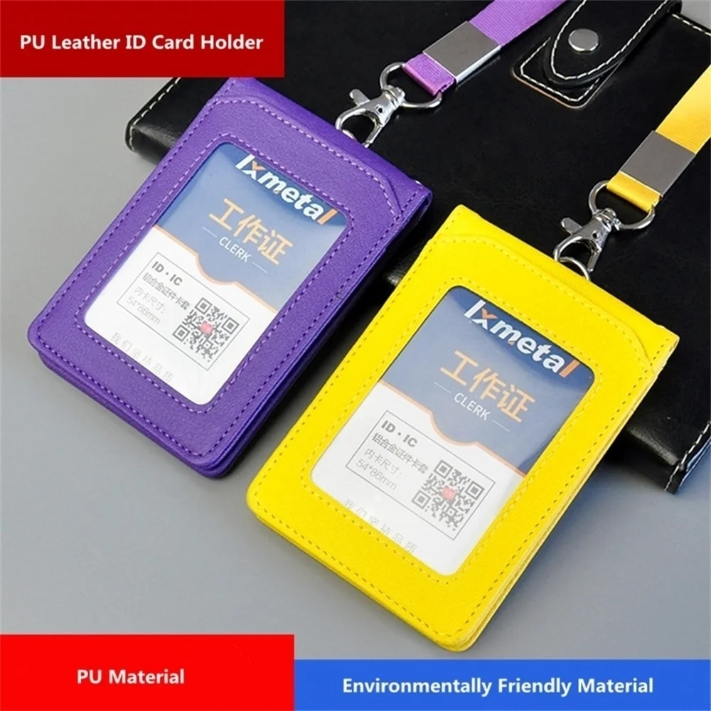 Pu Leather Id Credit Bank Card Holder Students Bus Card Case Lanyard Identity Work Name Business Badge Cards Cover