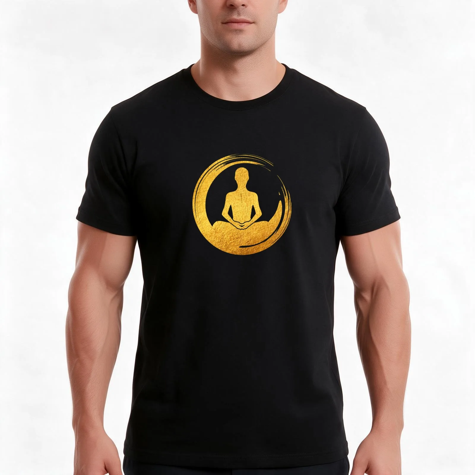 Golden Zen Meditation Pose Zen Meditation Brush Stroke Yoga Namaste Print Cosmos Universe T-Shirt, Summer Casual Cotton Tee