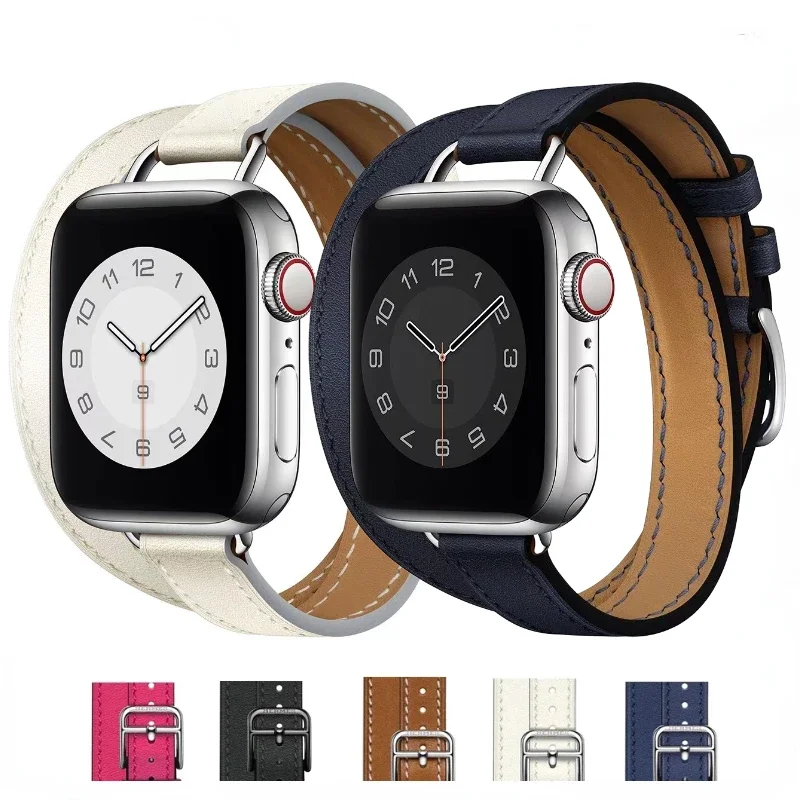 

Тонкий кожаный ремешок для Apple watch, браслет с двойной петлей для iWatch Ultra 10 9 8 7 6 5 SE, 49 мм 45 мм 44 мм 42 мм 41 мм 46 мм