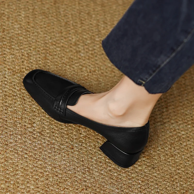 

Women Simple Shoes Sheepskin Spring Loafers Real Leather SquareToe Woman Shoes Quality Slip-On Vintage Loafers Girls Daily Shoes