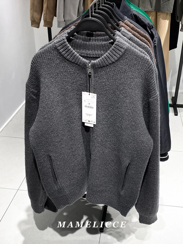 MAMELICCE Original design Round neck loose structure knitted cardigan sweater Coat man preppy style zipper Sweaters tops