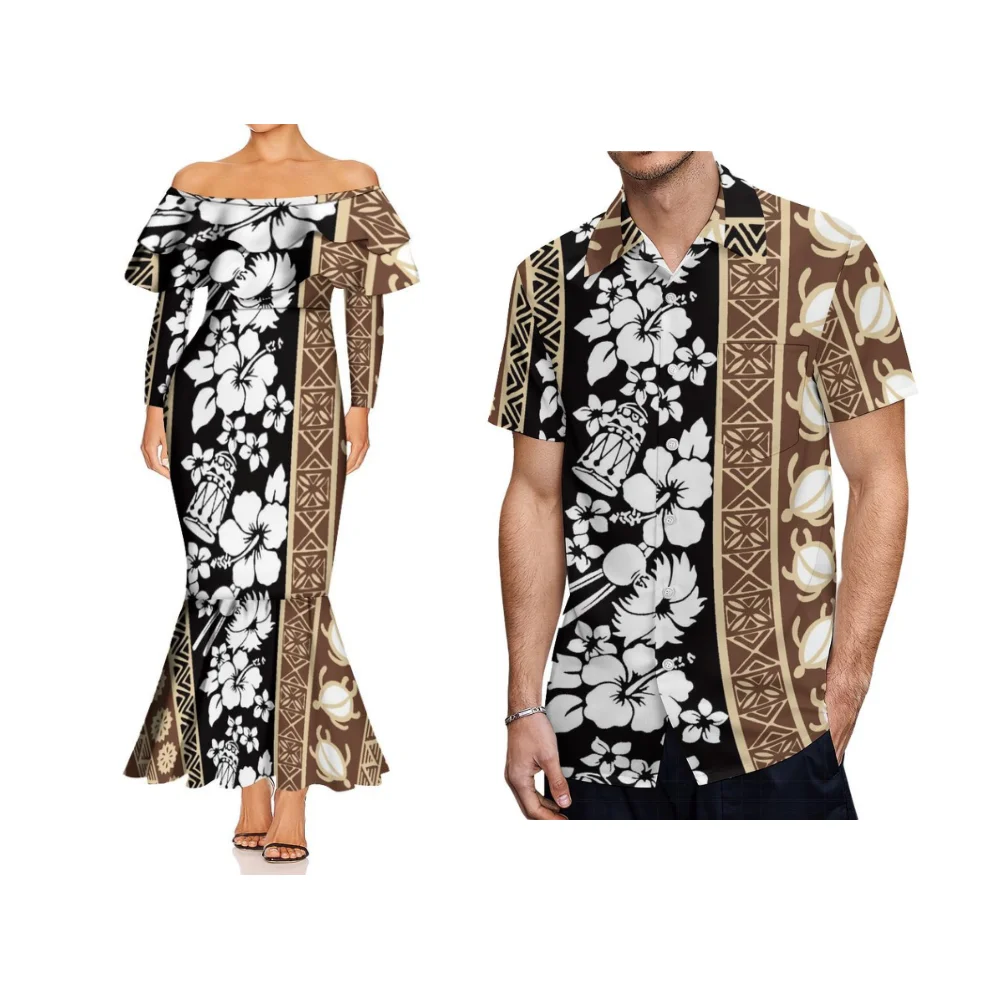 Vestido feminino polinésio feito sob medida, um ombro, camada dupla, babados, manga comprida, rabo de peixe para uma casal elegante