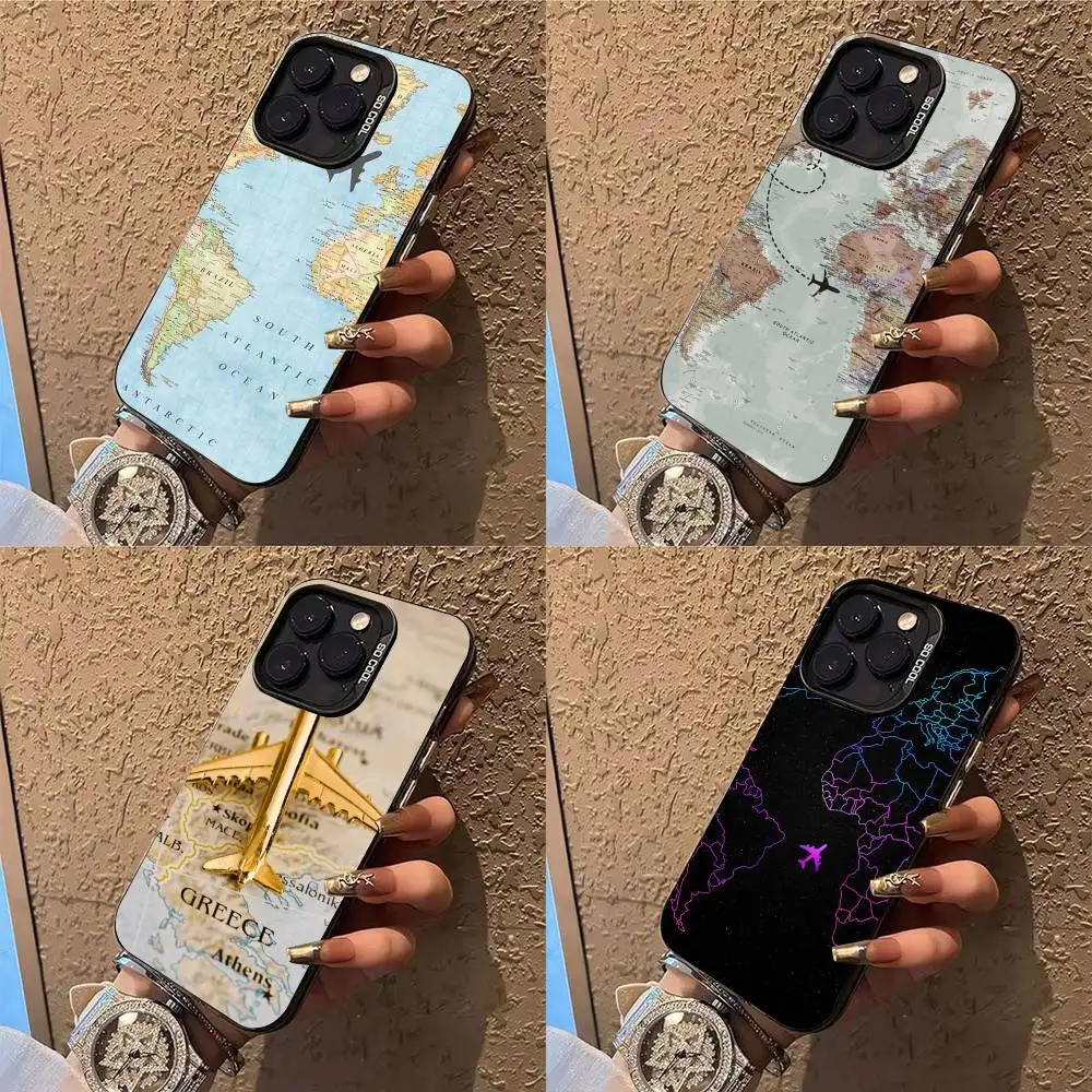 

Airplane Map Phone Case For iPhone 17,16,15,14,13,12,X,8,Pro,Max,Plus,E,SE4,Air,Mini IMD Matte Black